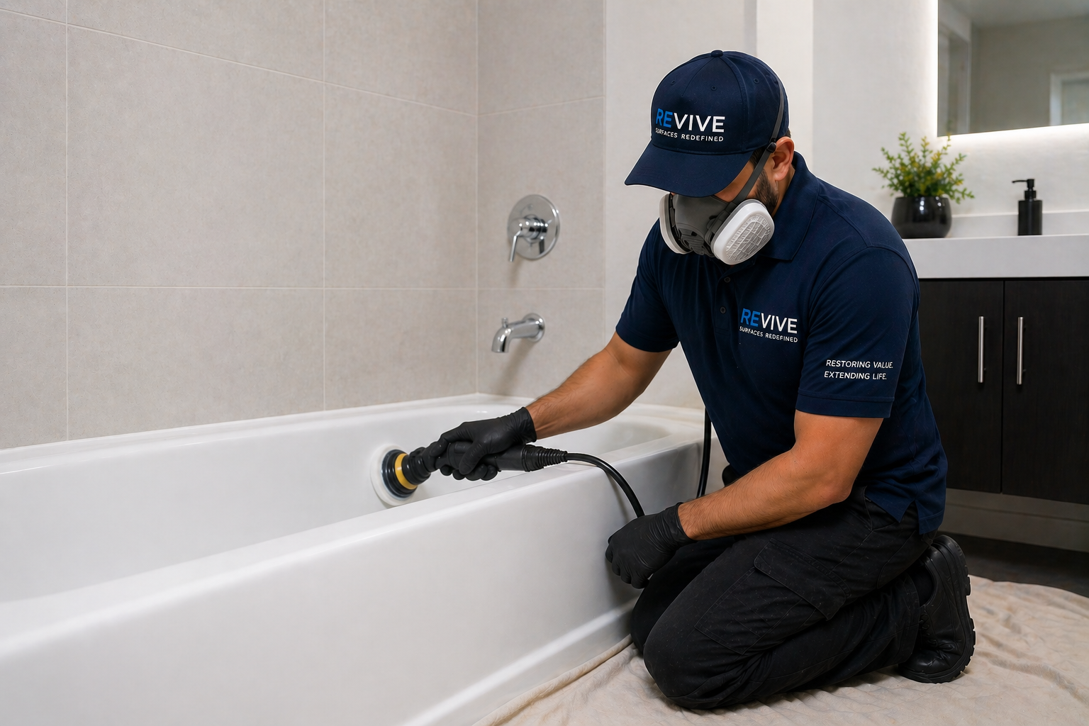 Revive Group technician performing professional bathtub restoration in a multi-residential property
