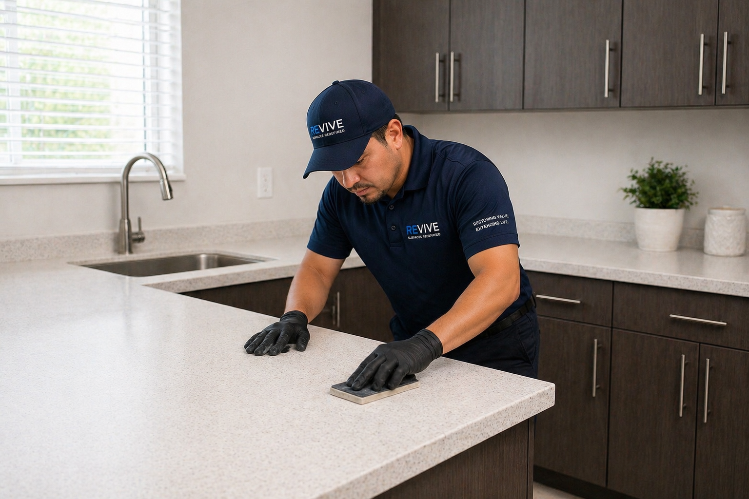 Revive Group technician restoring a countertop surface